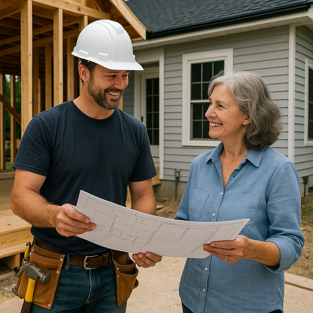 Builder and homeowner discussing construction plans in front of a partially completed home addition