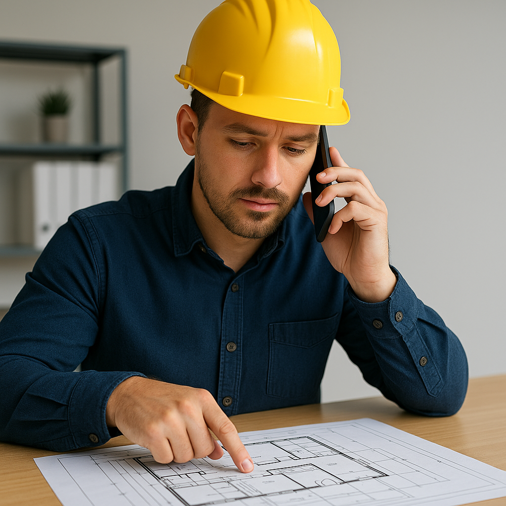 Construction professional reviewing blueprints while speaking on the phone, demonstrating clear client communication