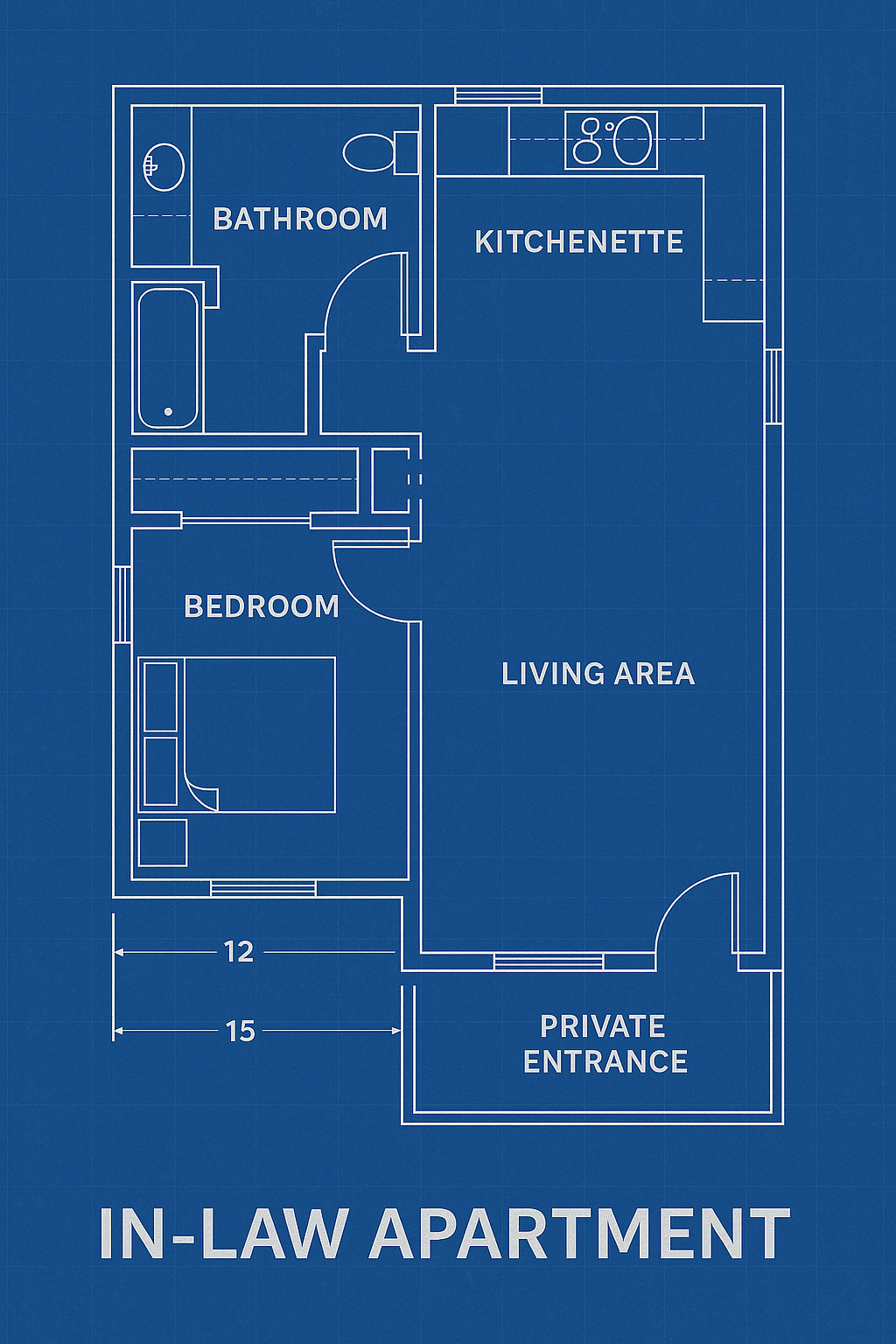 Blueprint layout of an in-law apartment addition in Connecticut showing living area, bedroom, kitchenette, bathroom, and private entrance