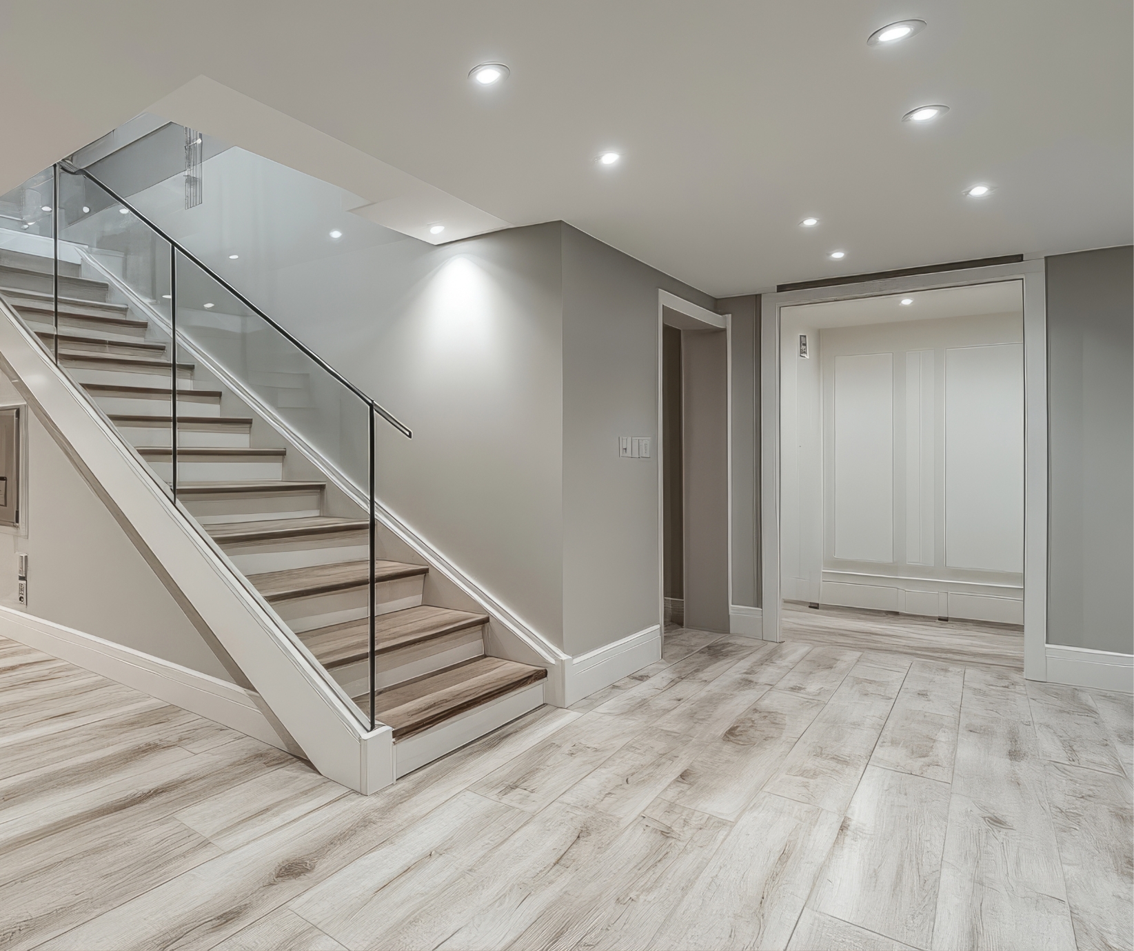 Basement finishing in Tolland County CT with light wood-look tile flooring, recessed lights, and glass stair railing